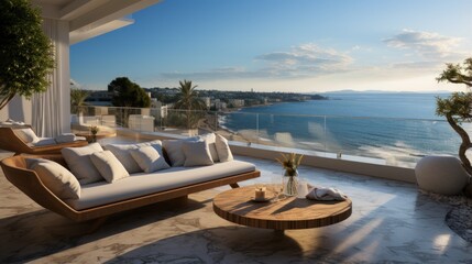 Fototapeta premium Relaxation area on the modern terrace with panoramic sea views.