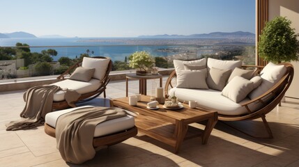 Relaxation area on the modern terrace with panoramic sea views.