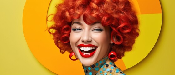 Woman in wig and carnival costume with many colors, she is laughing. Yellow background.