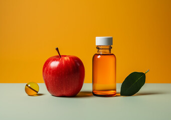 A couple of bottles of vitamins next to an apple