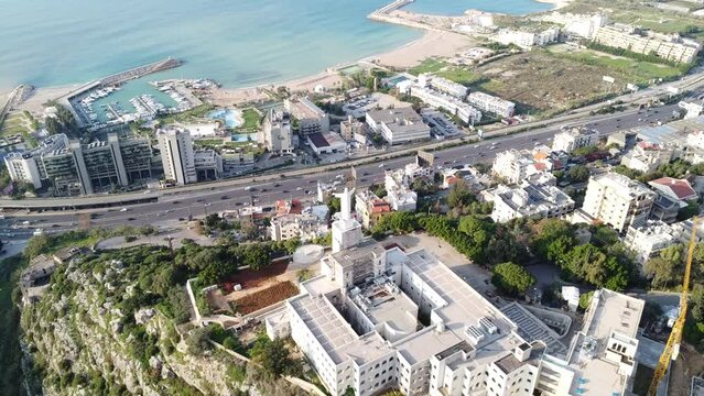 Drone view over Haifa city on a waterfront in Israel