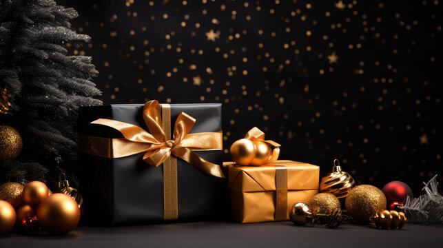 Christmas scene with beautifully wrapped gifts adorned with ribbons, a decorated tree with glowing ornaments