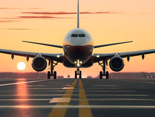 Obraz premium An airplane is about to land on the runway at sunset