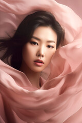 Pretty young asian woman in a pink silk, Generative AI