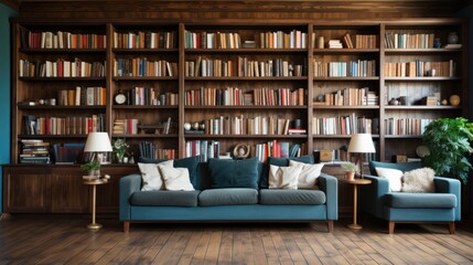 Sofa in the room for reading books. Library or shop with bookshelves. Cozy book background.
