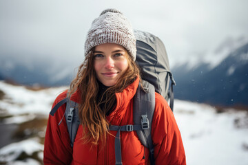 Fototapeta na wymiar Portrait of a woman hiking in mountains at winter