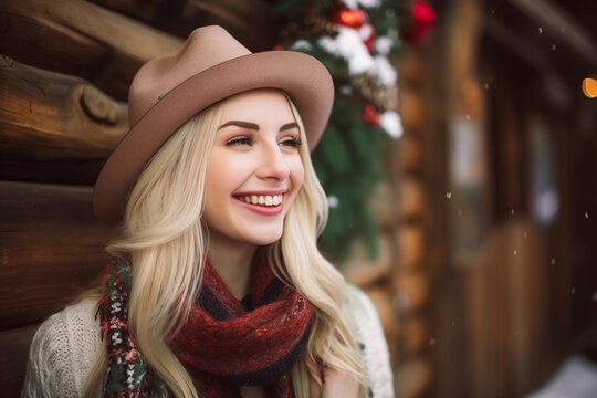Pretty young woman in a Christmas cabin. Generative AI