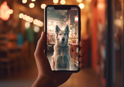 A person holding a cell phone with a picture of a dog on it