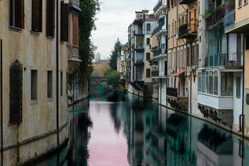 River surrounded by buildings with reflection in water in Padua