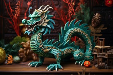 Obraz premium The fabulous green wooden dragon is the symbol of 2024 New Year. cartoon dragon is sitting next to a Christmas tree with gifts