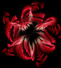 3D illustration. Bud of a wild blooming red flower on a black background. Abstract image. Fractal. Graphic element, texture for web design.
