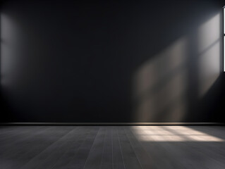 Clean black interior space, empty and minimalistic, with sunlight streaming in through the windows