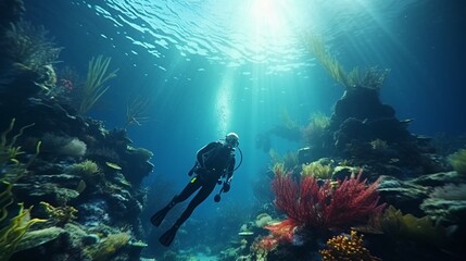 One divers exploring sea bottom.Generative AI