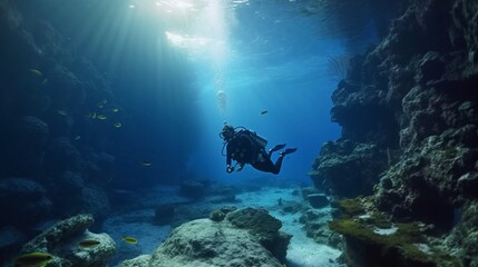 Fototapeta na wymiar One divers exploring sea bottom.Generative AI
