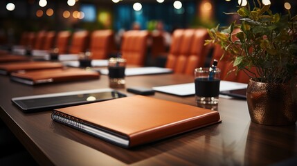 notepad for agenda on empty corporate conference room table - obrazy, fototapety, plakaty
