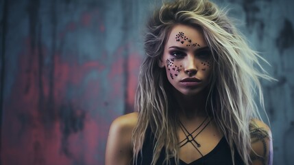 attractice female model in grunge look, copy space, 16:9