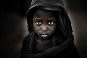 Close-up of a little African boy in a black scarf with deep and expressive eyes.