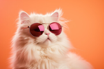 Stylish white cat wearing sunglasses against a peach color background. It's a portrait of pet...