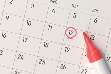 close-up of a calendar sheet, marker and number marked with a red circle. concept for reminders or planning trips, important business meetings in the new year. 3D rendering