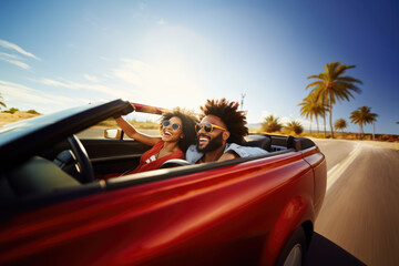 Happy young couple driving a cabriolet to the countryside.. Summer vacation and travel concept