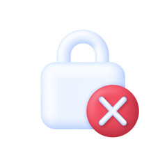 3D Padlock and cross mark. Cyber security to Protect Personal Data. Padlock icon. Information protection.