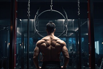 Fototapeta na wymiar Young Man Standing Strong In The Gym And Flexing Muscles Muscular Athletic Bodybuilder Fitness Model Posing After Exercises, Man training at gym fitness club at rings, back view, AI Generated