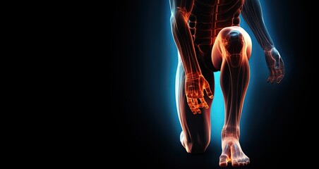 Conceptual human body anatomy articular joint pain on black background, Man suffering from knee pain on Black background, panoramic banner, AI Generated