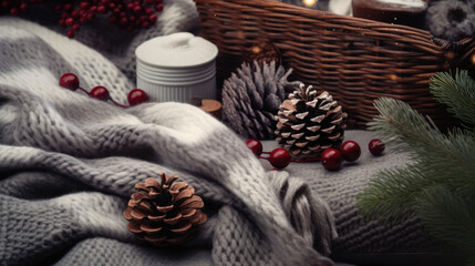 Obraz na płótnie Canvas A serene setting displays a lit candle, pinecones, wrapped presents, and a soft knitted blanket, all evoking a cozy and festive Christmas atmosphere.