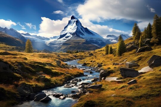 Matterhorn mountain and river, Switzerland, Europe. Digital painting, Matterhorn, Switzerland, AI Generated