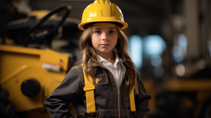 A little girl pretending to be a mechanic. The concept of children in adulthood.