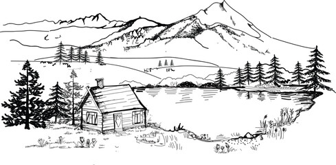 A wooden house by a lake in the mountains, a hand-drawn landscape. Vector graphics of mountains, alps, tatra peaks