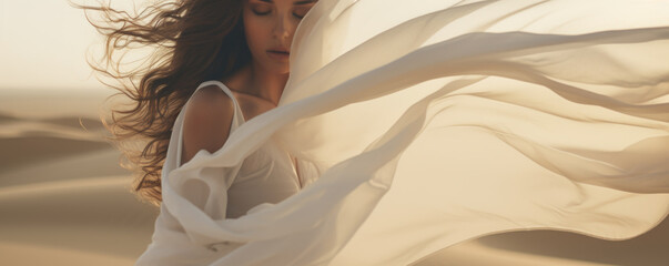 Woman in a long white dress walking in the desert with flowing fabric in the wind