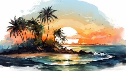 Fototapeta na wymiar Tranquil Tropical Scene with Watercolor Palm Trees on Island