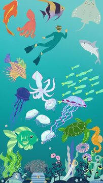 A vertical social media animation short video reel of deep-sea diving is an amazing experience. hidden animals of the ocean, like tortoises, blue whales,octopus, sharks, fish, and plants.