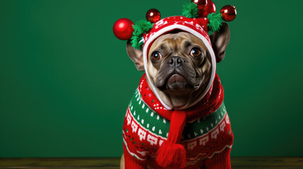 A pug dog wearing a festive Christmas sweater and hat with red bulbs, looking at the camera with a humorous expression against a solid green background. - obrazy, fototapety, plakaty