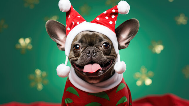 A pug dog wearing a festive Christmas sweater and hat with red bulbs, looking at the camera with a humorous expression against a solid green background.