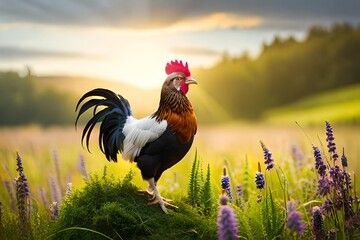 rooster in the field - obrazy, fototapety, plakaty
