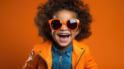 Portrait of Cute a happy toddler smiling. Isolated on a orange background with copy space. - obrazy, fototapety, plakaty