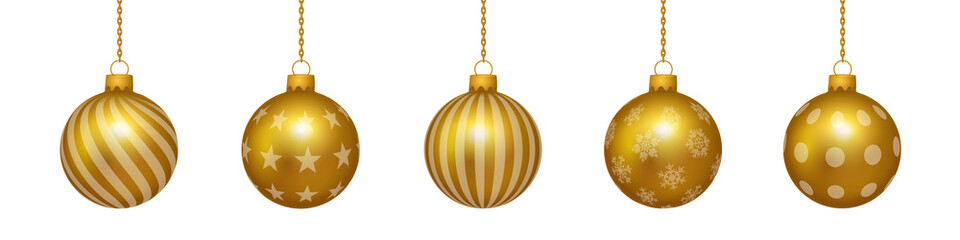 Set of hanging realistic colorful golden christmas bulbs on transparent background.