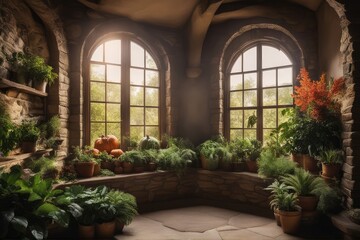 Fototapeta na wymiar Autumn window and kitchen with pumpkins, plants, and vegetables for Thanksgiving day