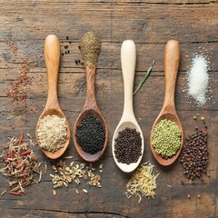 Assorted of spice bottles condiment black pepper ,white pepper, black mustard,white mustard,fenugreek,cumin and fennel seeds on wooden background