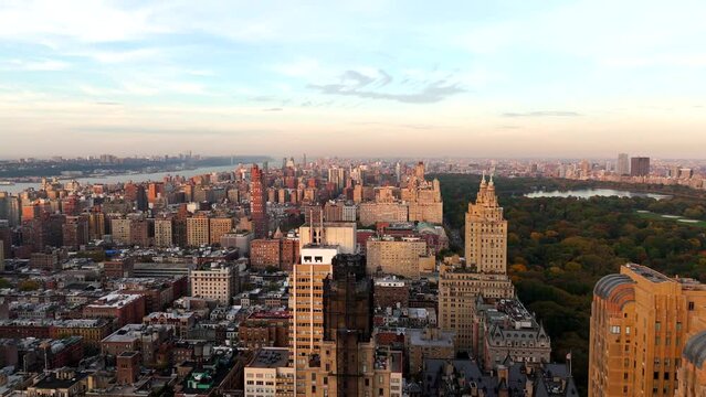 Stock video New York Manhattan Central Park West. Aerial drone b roll 2023