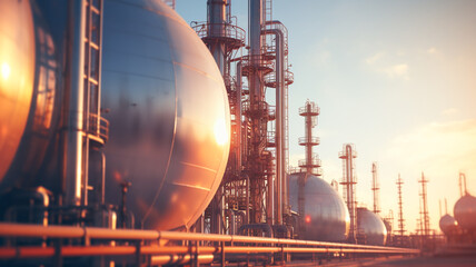 Manufacturing of petrochemical industrial plant with distillation tower and gas storage sphere tank.
