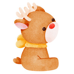 Cute reindeer christmas character with yellow scarf watercolor painting