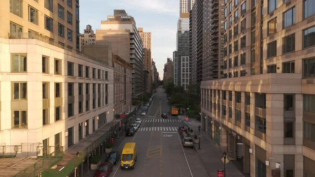 Aerial video W 70th Street Manhattan New York. low drone flight between buildings 2023