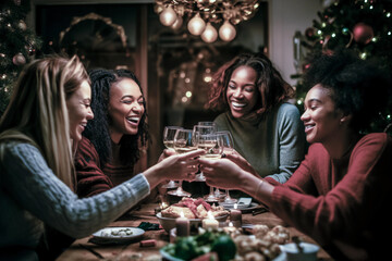 Christmas dinner toast of 4 women friends of different ethnicities around the table