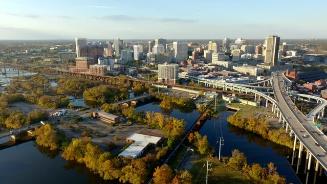 Aerial video reveal Richmond Virginia USA. 4k drone footage 2023
