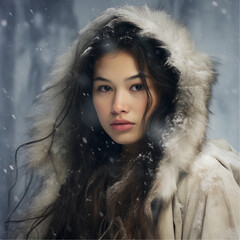 pretty 20 year old female eskimo, snow background