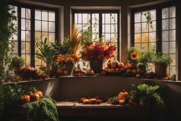 Fototapeta na wymiar Autumn window and kitchen with pumpkins, plants, and vegetables for Thanksgiving day