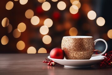 Obraz na płótnie Canvas Cup of coffee on background with Christmas blurry lights with red ball ornament 